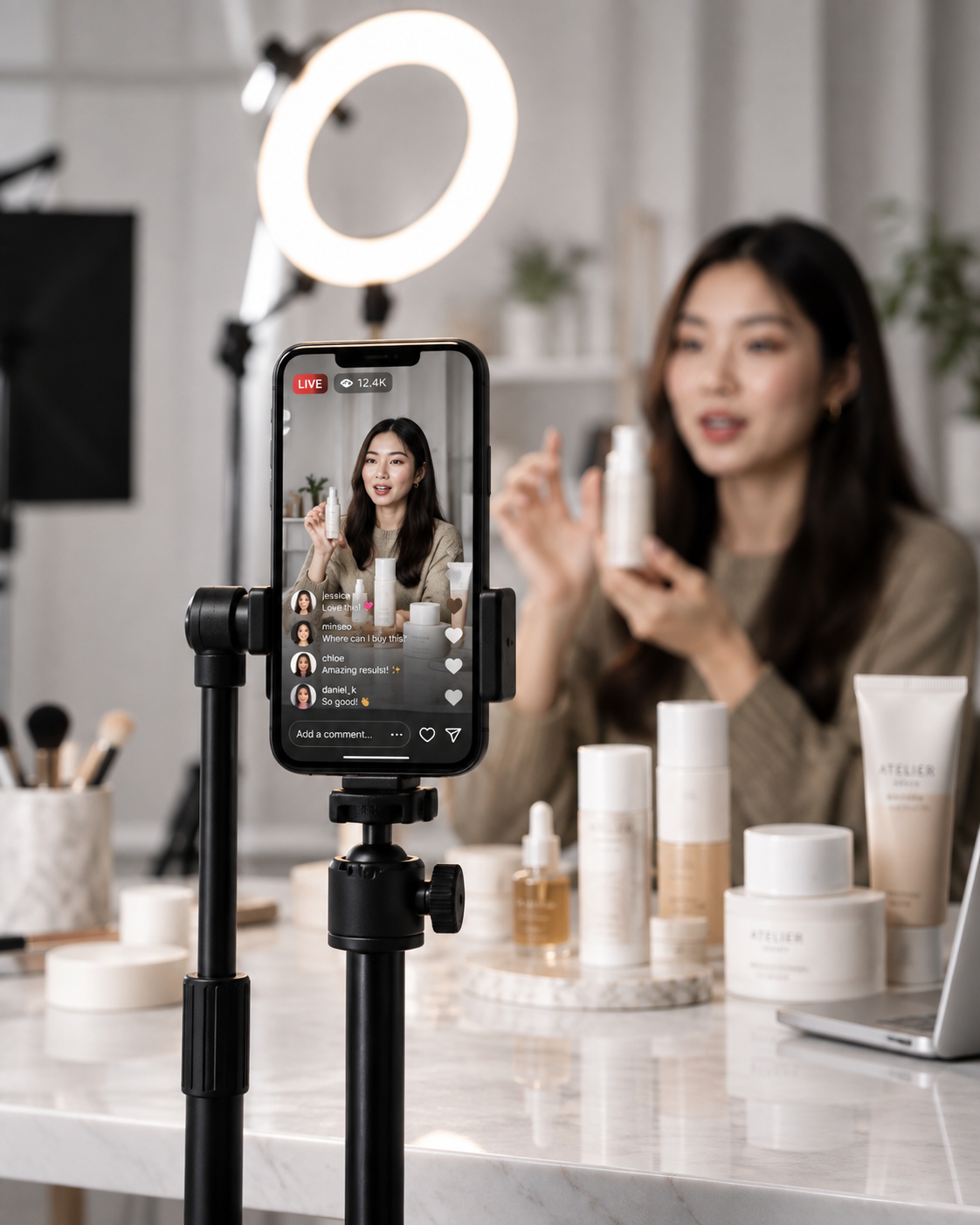 Live-commerce studio preview with a phone, tripod, ring light and presenter