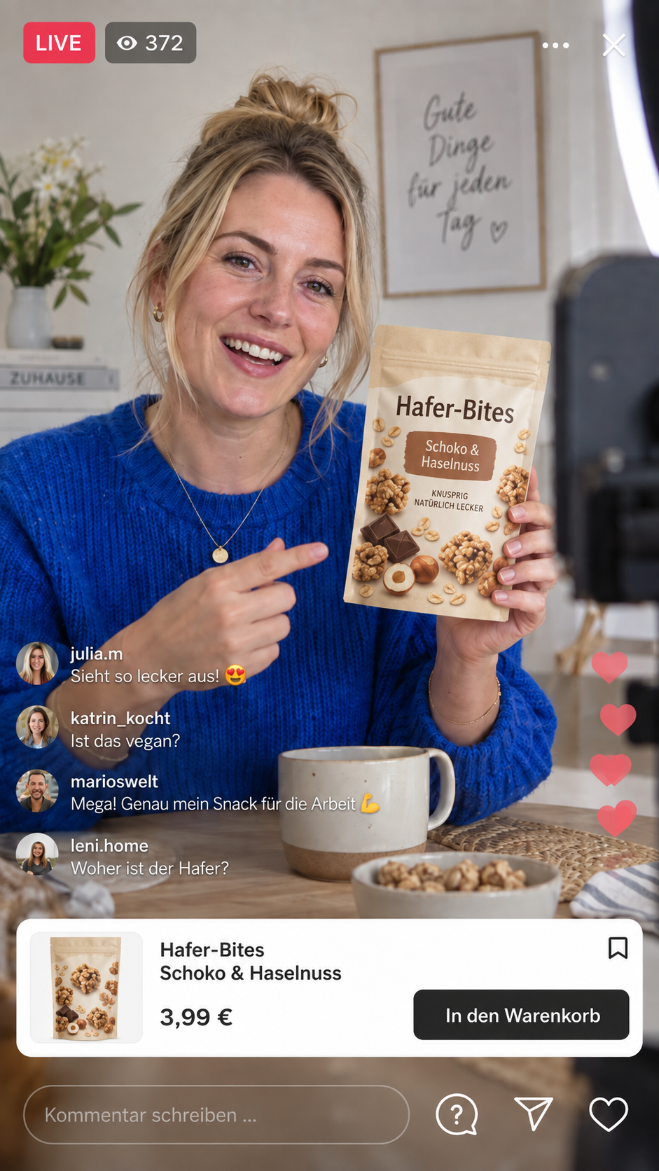 Live-commerce preview showing a presenter and a shoppable product interface